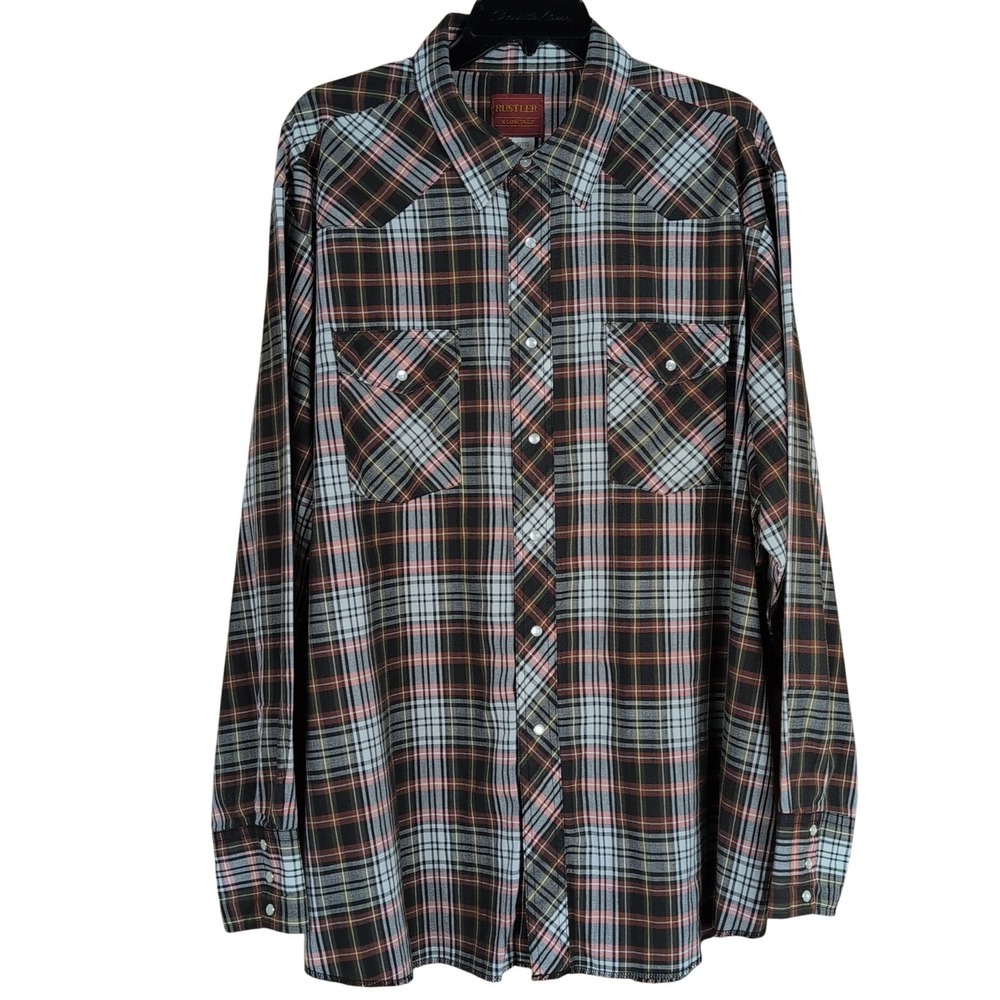 Rustler Mens Western Pearl Snap Shirt XXL Plaid X-Long Tails Black Pink Cowboy